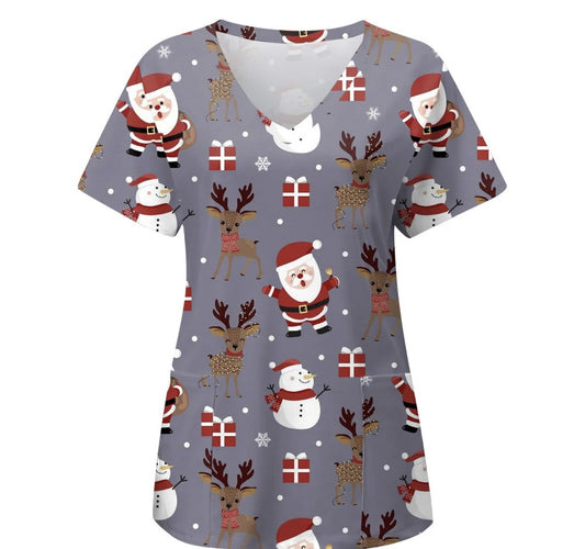 SIZE SMALL - Short Sleeve Christmas Scrub Top