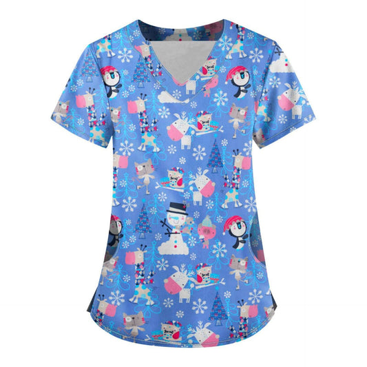 SIZE XL - Short Sleeve Christmas Scrub Top