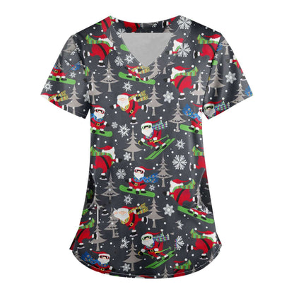 SIZE XL - Short Sleeve Christmas Scrub Top