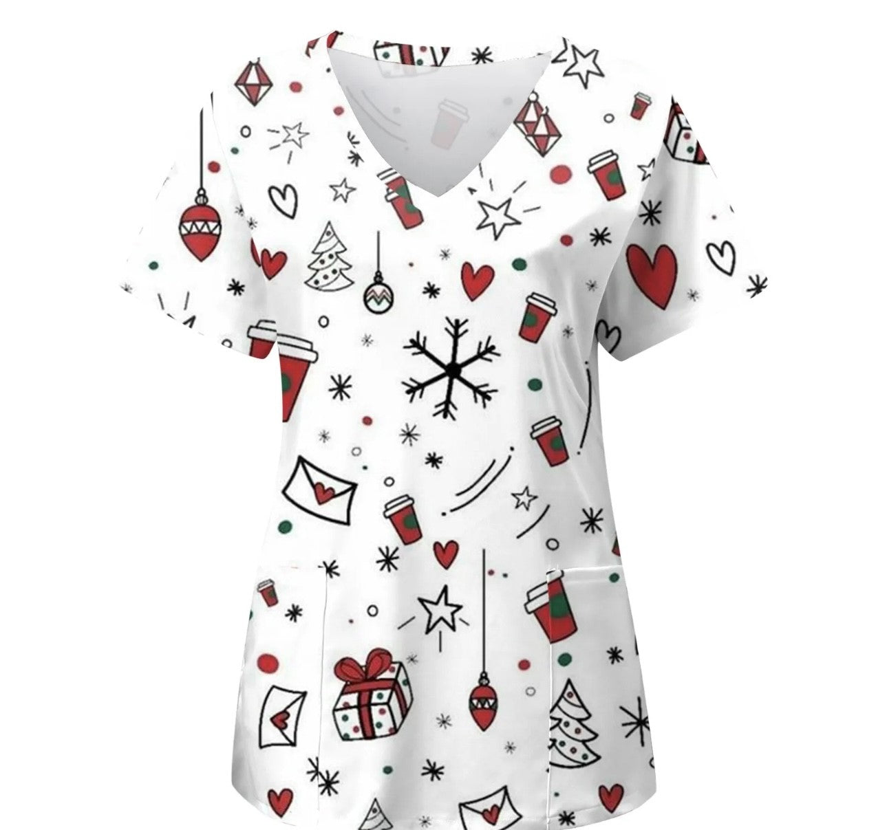 SIZE LARGE - Short Sleeve Christmas Scrub Top